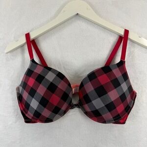 VICTORIA SECRET Pink Plaid Push Up Bra 36D Red Black Gray Plaid Lingerie READ